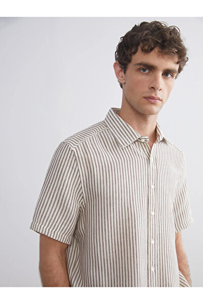 LC Waikiki Brown Regular Fit Short Sleeve Striped Muslin Men's Shirt
