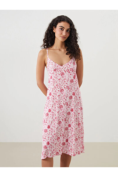 LC Waikiki Ecru V-Neck Floral Strap Women's Nightdress