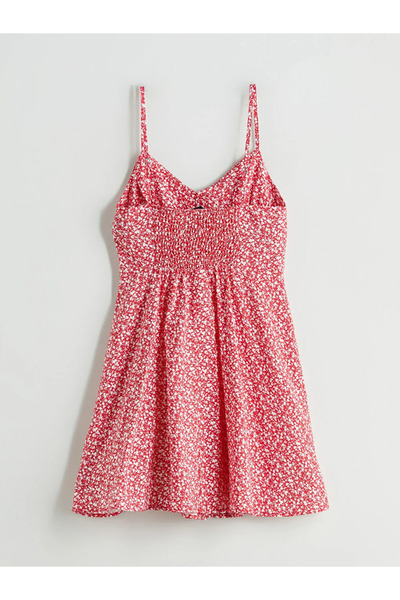 LC Waikiki Red Floral Modal Blend Mini Dress with Straps at the Waist