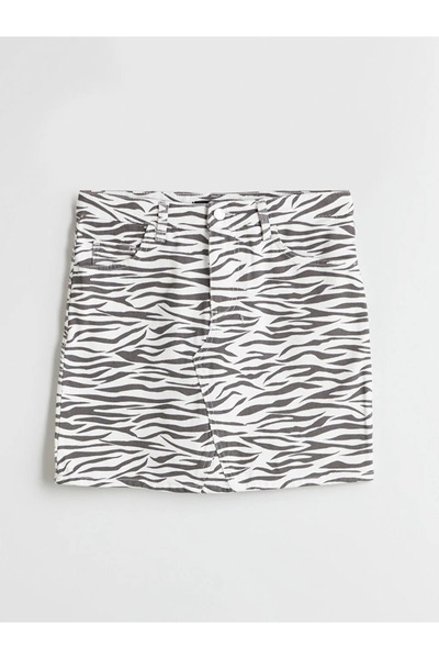 LC Waikiki Black Slim Fit Zebra Patterned Mini Jean Skirt