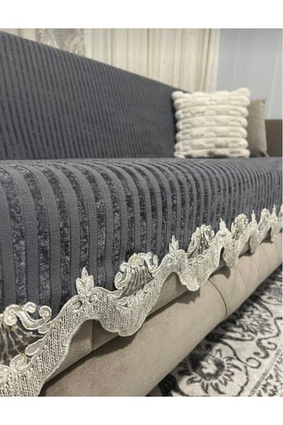 DAHABELLA LUXE HOME Velvet Lace Sofa Cover - Protective and Non-Slip Base with Sponge (170X210) Anthracite