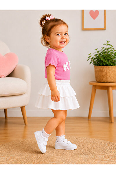 AKİF GİYİM Kız Bebek & Çocuk Fırfırlı Etek Fiyonklu Bluz Takımı