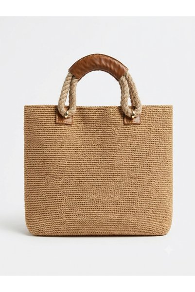 Feniks Straw Bag with Real Leather Details