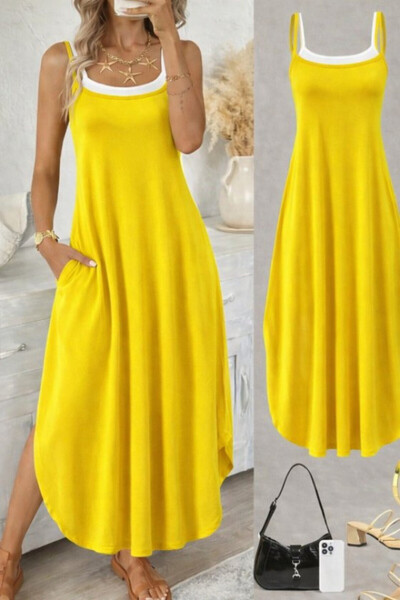 Efnaz style Women's Rope Strap Round Neck Long Viscose Dress with Pockets