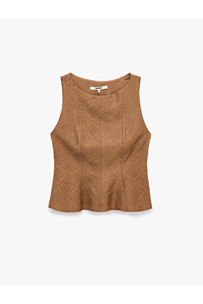 Koton Viskon Kumaş Floral Dokulu Kolsuz Bisiklet Yaka Peplum Bluz