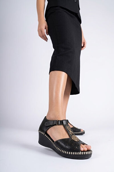 Solly Lothbrok 2234 Black Genuine Leather Summer Women's Shoes