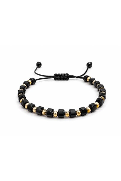 Aur 585 Brățară unisex reglabilă pe șnur negru cu onix și aur galben 14k, 1,62 g