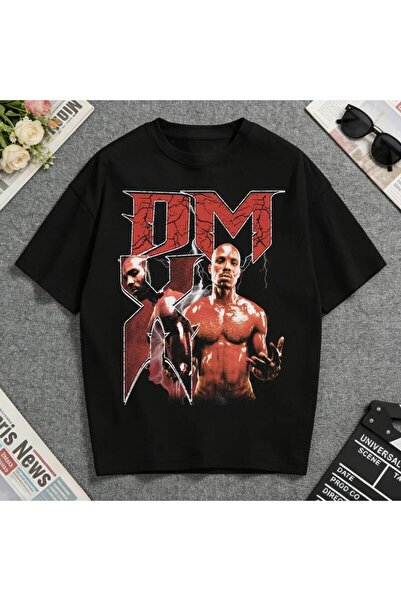 LİNA06 تي شيرت أسود بتصميم جرافيكي جريء بعبارة "DMX"، مثالي للنزهات العادية أ...
