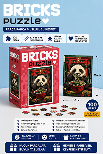 kidssan games BRICKS Puzzle Noodle Seven Panda – 100 Parça Mini Puzzle (10x15...