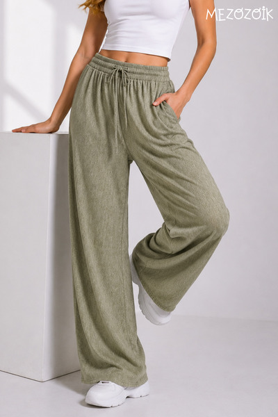 mezozoik Women's Linen Blend Denim Patterned Wide Leg Summer Trousers