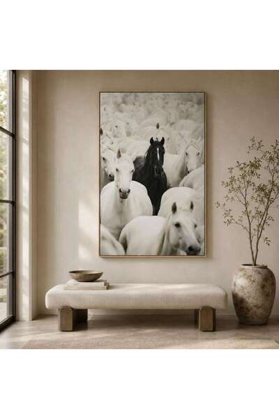PAN HOME Horse Ranch Oil Painting Canvas Framed Wall Art 92.5x152.5cm - White