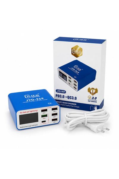 PİYATECH Dijital Ekranlı 6 Port Hızlı Şarj Cihazı – 40W - JYD-969 PD 3.0 + QC...