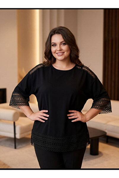 PARKDERİN Plus Size Soft Textured Blouse with Guipure Detail
