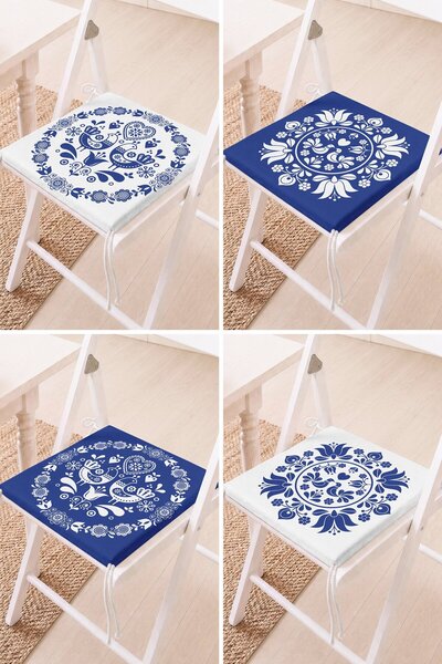 Home Set of 4 Blue and White Tile Patterned Lace-Up Chair Cushions