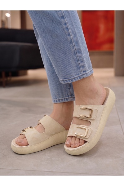 Babetty Women's Gold Buckle Comfortable Sole Suede Textured Slippers