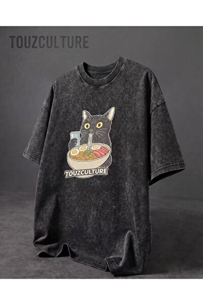 Toum Tricou oversize unisex vintage, lavabil, cu imprimeu Touz Culture Cat