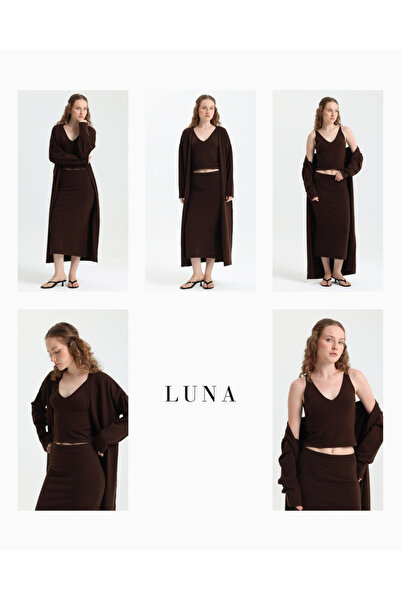 femmes fraiches Luna Exclusive Acı Kahve Crop Top - Etek - Kimono Takım