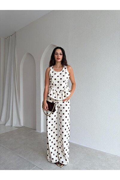 Mooi Butik Esther Polka Dot Denim Set 3731 - Cream Color