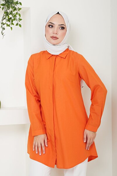 comstar فستان نسائي طويل برتقالي اللون ذو ياقة بولو وتصميم إسلامي