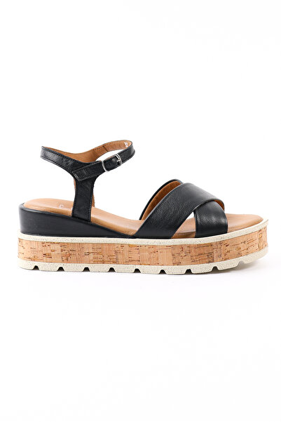 Tuna Genuine Leather Black Wedge Sole Women's Sandals - Z263402