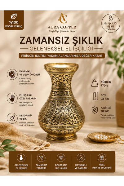 AURA COPPER El İşlemeli Eskitme Desenli Bakır & Gold Sarı Pirinç Vazo 23 cm –...