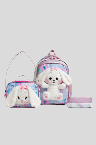 WANDER BAG حقيبة مدرسية من القطيفة على شكل أرنب للفتيات، حقيبة غداء وحافظة أق...
