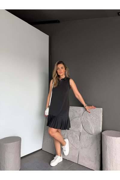 Zerrincan Giyim Siyah Polo Yaka Pileli Pike Elbise