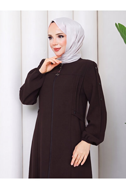 Efelif Brown Sports Button Detailed Zippered Plus Size Robe