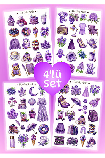 Handeto Kraft 4'lü Mor Temalı Sticker Set, Çıkartma, Scrapbook, Bullet Journa...