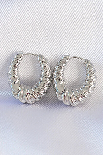 ALKASAZ Brass Silver Color Serrated Detail Curved Hoop Earrings