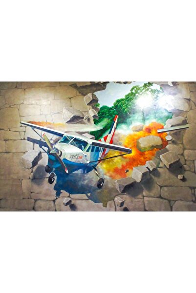 Persona Tablou Canvas, Avion Trecand Prin Zid 3D- 100 X 70 cm