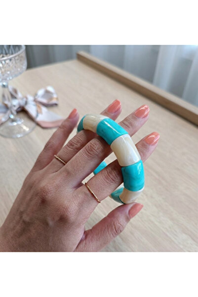 Beige And Turquoise Marble Patterned Bamboo Cut Natural Stone Look Elastic Bracelet