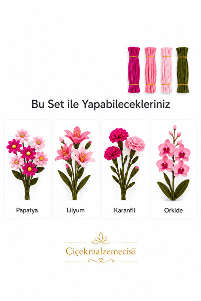 Çiçek Malzemecisii 100 Adet Şönil Çiçek Yapım Seti – Fuşya, Şeker Pembe, Past...