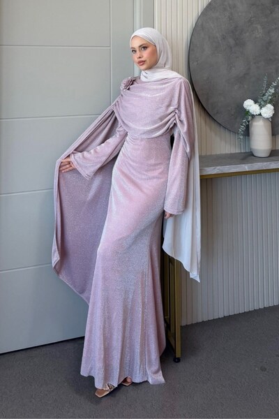 Şule Giyim Orkide Shoulder Floral Evening Dress Powder