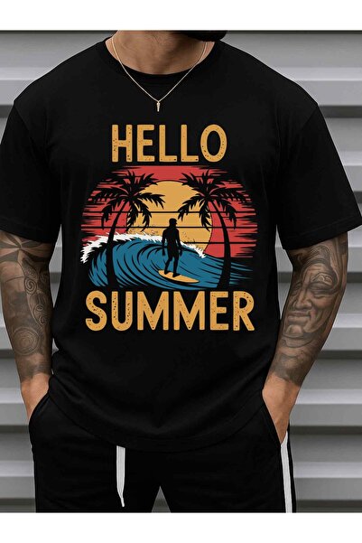 LİNA06 تي شيرت رجالي بطباعة جرافيكية من Hello Summer Surf City، 180 جرام، 100...