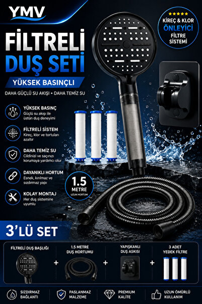 Empressco Siyah Lüx Filtreli Duş Banyo Başlığı Seti | Kireç & Klor Önleyici, ...