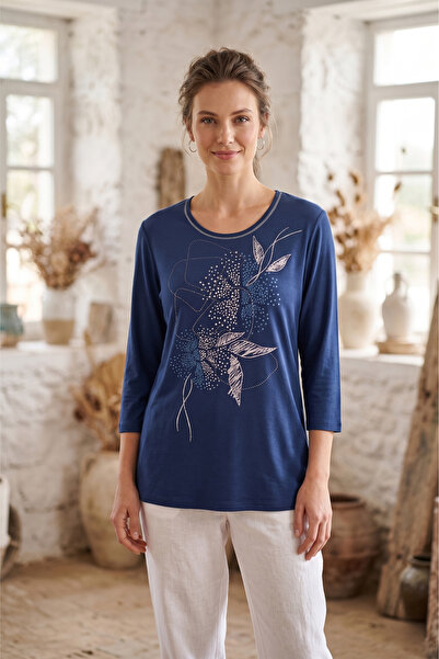 YXL COLLECTION Γυναικεία μπλούζα από χτενισμένο βαμβάκι με στάμπα Lycra, με λ...
