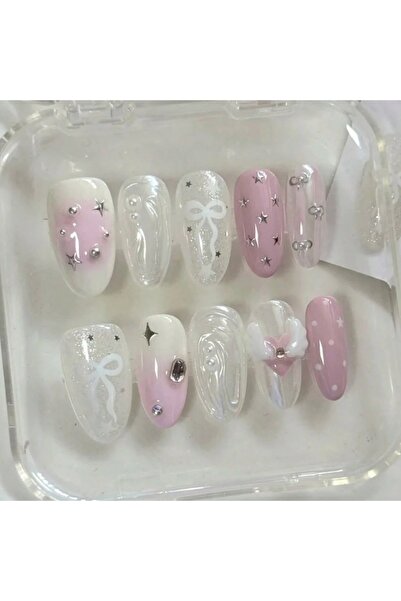 choice2 SJ0514-S 10 hand pressed oval nails, beautiful fake nails, pink and w...