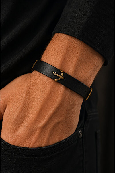 HER ŞEY NOTA www.herseynota.com Anchor Figured Real Leather Black Bracelet Ad...