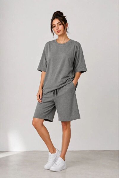 VELİZADE İki İplik Örme Kumaş Bisiklet Yaka Oversize T-shirt Cepli Diz Altı Ş...