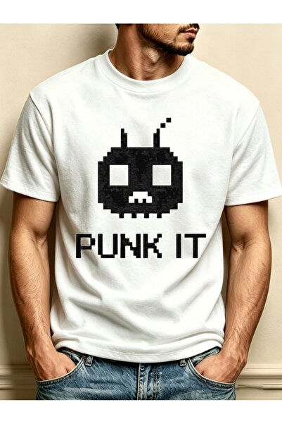 NOURAM تي شيرت رجالي من Pixel Skull Punk It برقبة دائرية، تصميم فضفاض، 100% ق...
