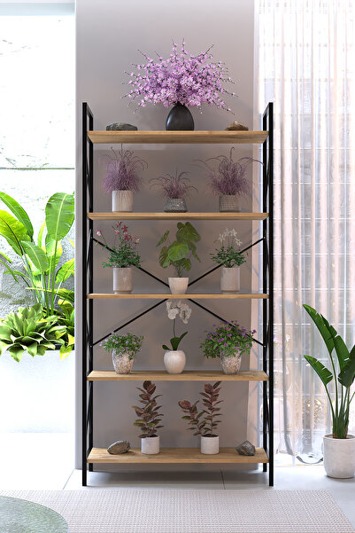 AWOX MANOLYA 5 Raflı Metal Çiçeklik 180x90 cm Dekoratif Bitki Standı Çok Amaçlı Kitaplık Salon Balkon Ofis Raf Ünitesi