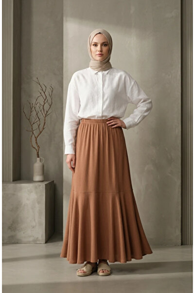 sefamerve Bürümcük Fabric Elastic Waist Gathered Skirt 0561-04 Biscuit