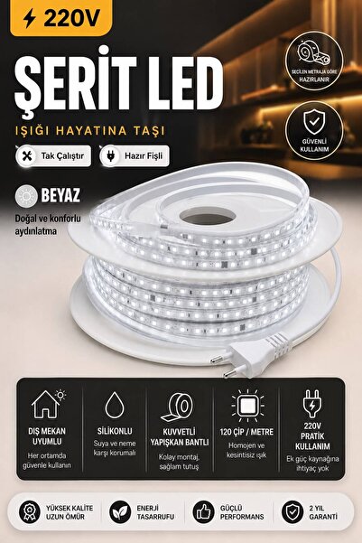 KOMPLİKE 220V 6500K Beyaz Tak Çalıştır Fişli Esnek Led Şerit - 1-20 Metre - 1...