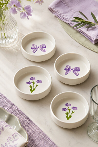 Papart Lila Gift 4-Piece Handmade Ceramic Bowl Set 10 cm Flower Patterned Sna...