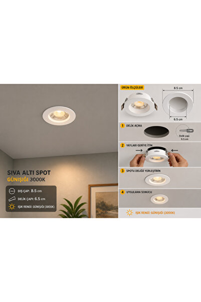Pa Petra Aydınlatma Sıva Altı LED Spot Beyaz Kasa 3000K Günışığı Gömme Tavan ...