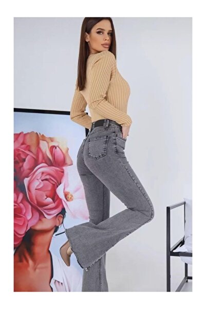 Rugmood Gray Women's Jean Pants High Waist Spanish Leg Slit Model