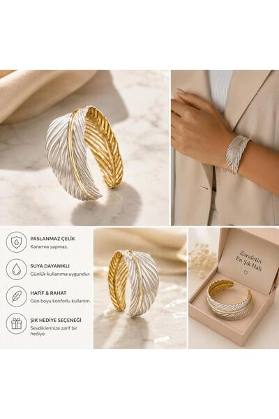 Ridge Çelik Cuff Bileklik Gold Yaprak Desenli Çizgili Ayarlanabilir Rahat Kelepçe Mezuniyet Düğün Takı Hafif ve Rahat