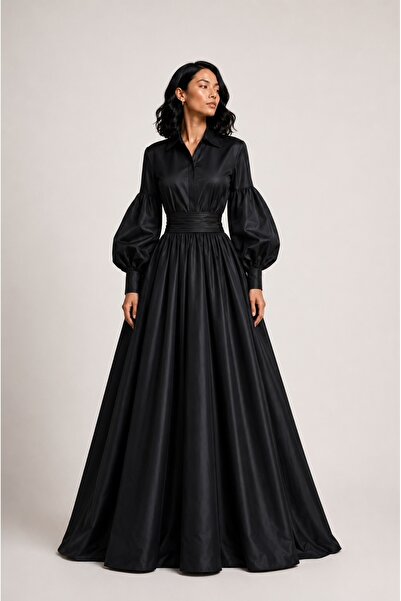 UNTIMELY Black Maxi Taffeta Dress with Balloon Sleeves & Pleated Belt
