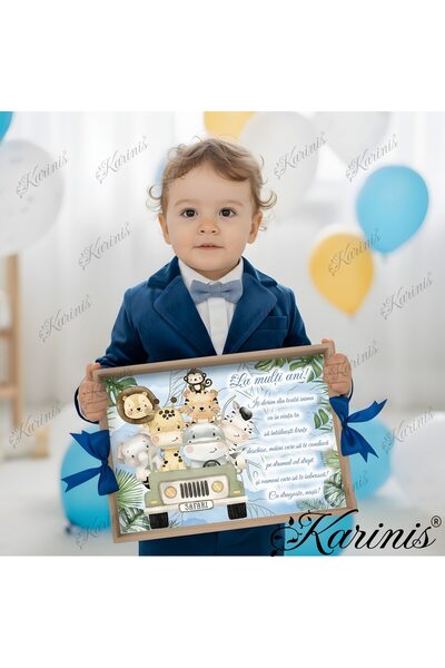Karinis Set Tava pentru Taiere Mot si Rupere Turta Complet cu Accesorii pentru baieti, 7 Piese, Tavita Mot, Model Model Safari Blue, 32x24 cm, Prima Aniversare Un An, Cadou Un An, Albastru